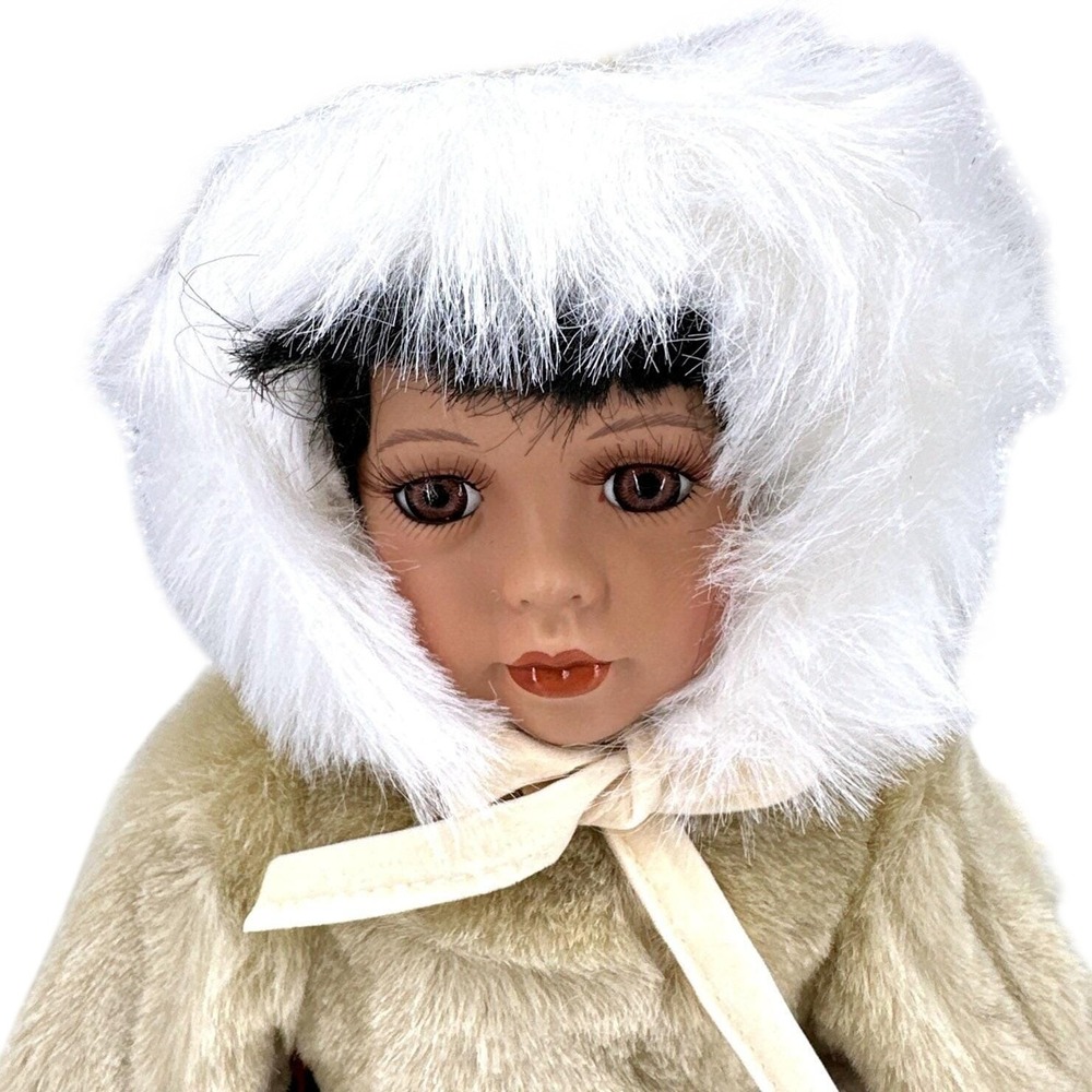 Vintage Porcelain Eskimo Doll Faux‎ Fur Hooded Outfit Display Collectible